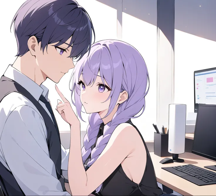 A captivating illustration portraying a blossoming romance between a man and a woman((1 male, 1 woman with purple and white gradient double braids)) in the office. The art form resembles a subtle and sophisticated digital painting, capturing the nuances of...