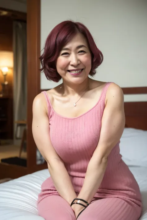 (Highest quality, 8K, masterpiece: 1.3)), Sharp focus, nsfw,High resolution, High resolution, alone, Japan, Middle-aged women, beauty, Very fat, 52 years old, Wavy pink hair, Getting naked, Wrinkles around the eyes, whole body, Laughter, Wink, Messy Room a...