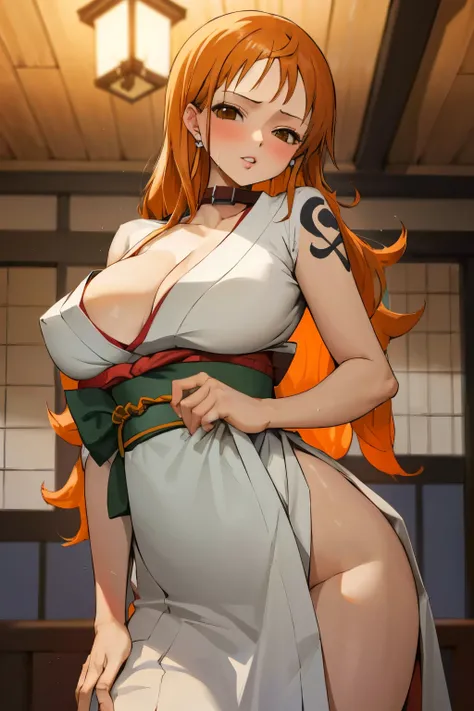 masterpiece, best quality, ultra-detailed, 1girl (namiop, Big and pretty breasts, , jewelry, earrings, dog collar, orange hair,long hair, brown eyes), a come-hither face, parted lips, makeup, glow lips, facing viewer, looking at viewer, solo, kimono, japan...