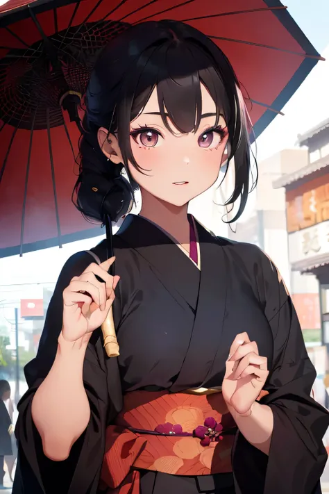 Highest quality, masterpiece, High resolution, Very detailed, Fine skin, Complex eyes, Accurate and perfect anatomy,21-year-old beauty, Dark Eyes, Black Hair, Kimono with plum pattern, Holding an umbrella, it&#39;s raining, Tree-lined street along the rive...