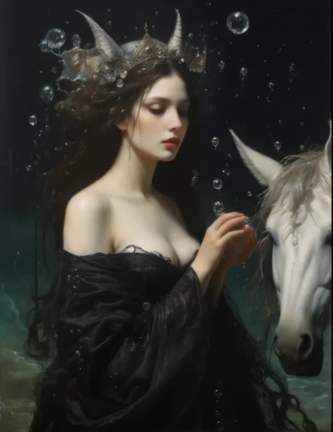 James Gurney, Surrealist art , dream-like, mysterious, Provocative, symbolic, Complex, detailed,, (Gothic but very beautiful:1.4), (masterpiece, Highest quality:1.4) , Nicola Samori Style, siren 、Water bubbles、Underwater、Beautiful young woman with a unicor...