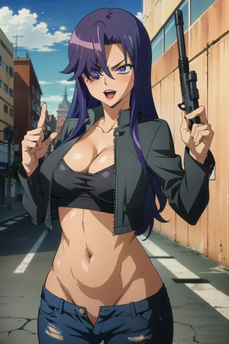 purple hair,lipstick, hair over one eye, purple eyes, detailed eyes,long hair, blush, lipstick, long hair, crazy eyes ,,school, masterpiece, best quality, highly detailed, a girls with a gun, evil smile , open mouth, sexy gaze, badass
pose , evil smile, sm...