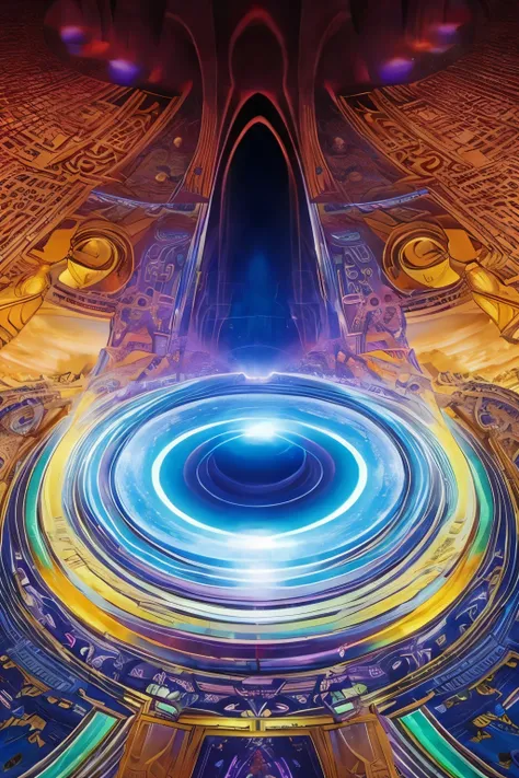 Gigantic Dimensional Portal, similar to black holes but formed in a multicolored way, intricate, realism, art in the style of François Baranger. Alignment, cosmos, Cosmicism evident in the images.