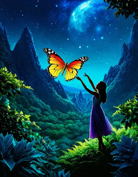 Generate a vivid and intricate illustration resembling the specified image with the prompt "A fantastical scene with a surreal blend of bioluminescent flora and fauna, set against a cosmic backdrop. Envision an otherworldly landscape with a balance of vibr...