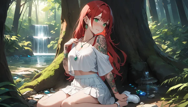 (Best Quality, Masterpiece, ultra high resolution, ultra detailed:1.2) Female gender Beautiful green eyes and melancholic expression Long red hair Light and freckled skin Wears a top with a bra shirt Wears a white silk mini skirt Footed with white cloth sh...