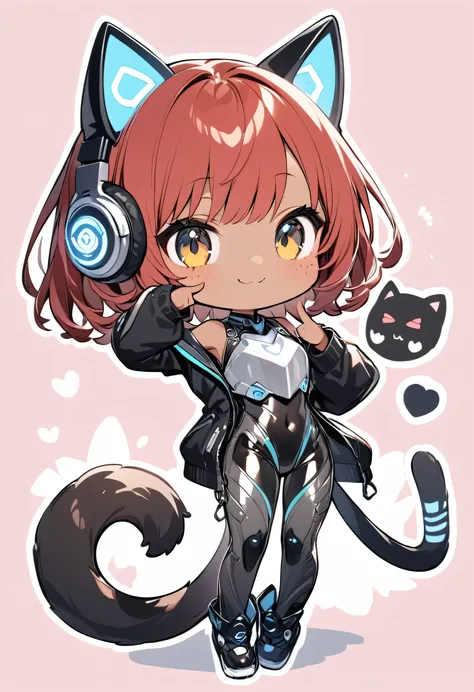 full body,1 girl,(cute:1.3),red Hair, left eye blue, right eye yellow, tan skin, freckles,｛White breastplate, Black futuristic cat ear headphones, Mechanical black glossy metallic Bodysuit, Bare shoulders, oversized jacket, futuristic cat tail, Glossy, shi...