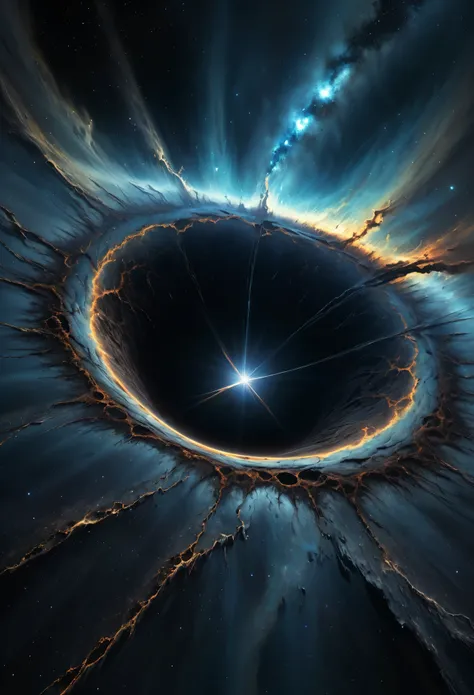 Colossal Dimensional Fissure in the heavens, resembling black holes but formed in a dark shape like crack, intricate, realism, François Baranger-style art. Cosmicism evident in the images.