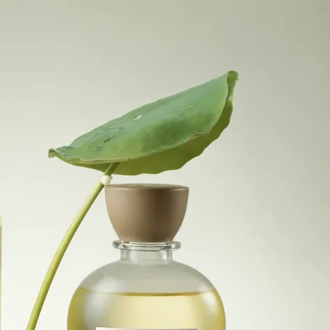 there is a bottle of liquid with a leaf on top, close-up product photo, professional product photography, botanical photo, product photography, beauty shot, studio product photography, highly detailed product photo, high quality product photo, commercial p...