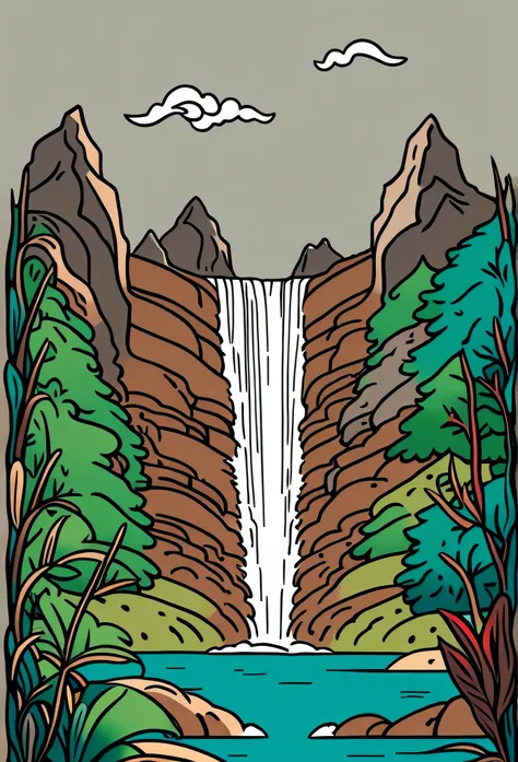 /imagine prompt: waterfall illustration for banner on white background, bold outline style, irregular, trashcore, light shading