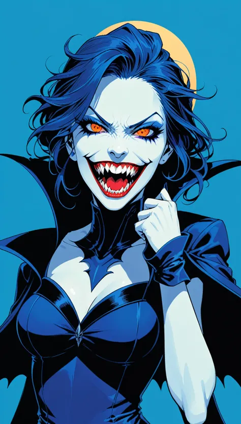 role conception,female,halfbody，Exaggerated arm movements with strong facial expressions - cold，Unified single-tone color scheme--blue，The Original Vampire Queen, Queen,独奏,Sharp teeth that close neatly，Super Vampire Style, 1990s, retro, artist by Frank Mil...