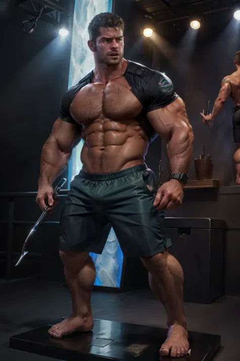 full body,wax figure，wax figure，wax figure，wax figure，wax figure，full body,mannequin,only underwear,bare feet,Muscular security guard with open mouth，Chris Redfield，He wears a boxer，sport shorts,He had sad eyes in his eyes，Grievanced frown，Emerald charming...