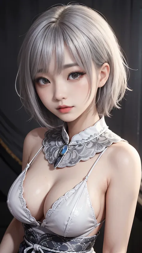 ((high quality)),Tabletop,(Detailed depiction of the site:1.2),1 Japanese girl,(Ample breasts:1.3),Enchanted Valley,Mouth closed,eyelash,Looking at the audience,Portraiture,alone,Upper Body,Gray Hair,White Theme,short hair,Silver Hair,Yoruhano. 2 Type B,