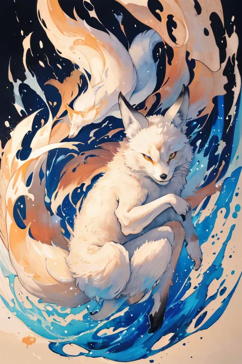 best quality, super fine, 16k, 2.5D, delicate and dynamic depiction, monochrome, fusion of watercolors and oil paintings, majestic fox spirit, intimidation, calligraphy, ink, shading, gradation, Japanese paper quality