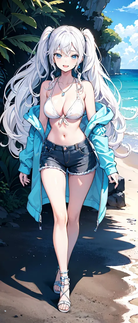 High resolution, high resolution,2D Anime Style,,Cool woman,Gal,tall,20th Generation,White hair long hair,Curly hair twin tails,Light blue eyes,Gal,Beautiful watch,Beautiful earrings,Lots of beautiful necklaces,White Bikini,Opened hoodie,He is smiling,Has ...