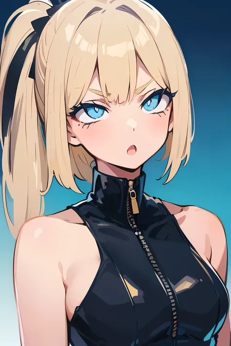 Sleeveless、No sleeve恥ずかしい、Embarrassed、Only the face、Face Up、1 person、No sleeve、Ahegao、ponytail、blonde、amount、Blue Leather Shirt、Sara、No sleeve、best quality, super fine illustration,(((beautiful fine hair))),(((beautiful fine face))),(((beautiful fine backg...