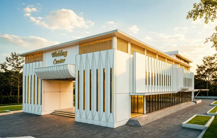 Masterpiece, high quality, best quality, authentic, super detail, outdoors, house style neoclassic, wedding center, white wall, glass windows, gate road, pavement, grass, trees, blue sky, sunset, cloud, (day:1.1), realistic lighting