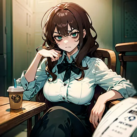 1woman, long messy wavy brown hair, green eyes, ((Bags under eyes)), big breast, wide hips, thick thighs, white buttoned shirt, black bowtie, black pants, frown, angry face, ((holding a cup of coffee)), ((sitting on a chair pose)), ((solo)), ((best quality...