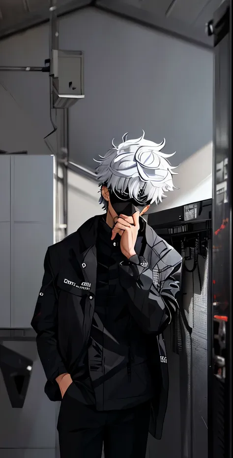 (absurdres, highres, ultra detailed, HDR), masterpiece, best quality,, solo, handsome, short hair, white hair, black blindfold, black jacket, gojo,