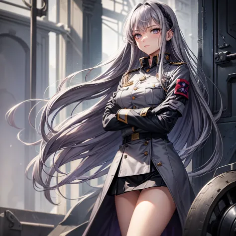 Beautiful woman, 1girl, long hair, grey purple hair, grey eyes, military uniform, small breasts, grey uniform, grey skirt, black gloves, crossed arms