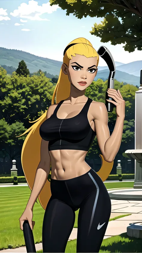 (cowboy shot), (masterpiece, best_quality, ultra-detailed, immaculate:1.3), epic, illustration,
BREAK
ArtemisYJ, ponytail,super long hair,
(Black sports bra),leggings,(nike),medium breast 
BREAK
(courtyard, garden, outdoors, gorgeous view)