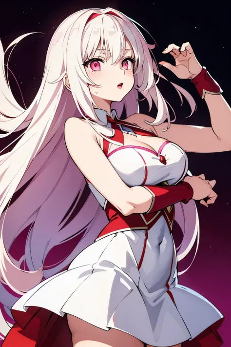 No hero; girl with long white hair and pink eyes wearing red lipstick dressed as love heroine manipulated love energy in hero pose.