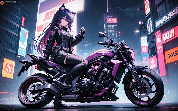 i imagine a cyberpunk world full of mystery and futurism. i imagine this anime girl on her cyberpunk motorcycle, surrounded by n...