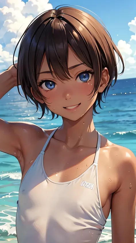 highest quality、Realistic、zoom、Chestnut Hair、Light blue eyes、Very Short Hair、One piece swimsuit、Tanned black body、Tan、Brown Skin、slender、boyish、Sweat、smile、Ocean、