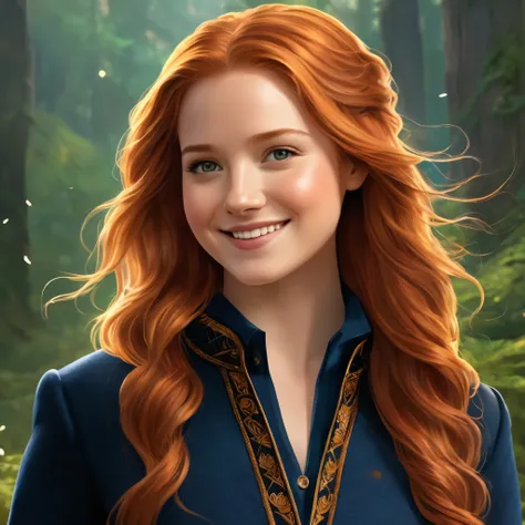 "Create a captivating image of a 25-year-old Ginny Weasley, emanating charm and warmth. Render a high-quality portrait resembling a photograph, showcasing Ginnys radiant smile, sparkling eyes, and vibrant personality. Her fiery red hair should flow in soft...