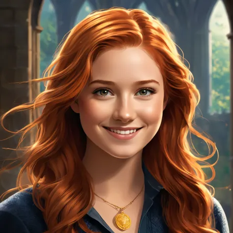 "Create a captivating image of a 25-year-old Ginny Weasley, emanating charm and warmth. Render a high-quality portrait resembling a photograph, showcasing Ginnys radiant smile, sparkling eyes, and vibrant personality. Her fiery red hair should flow in soft...