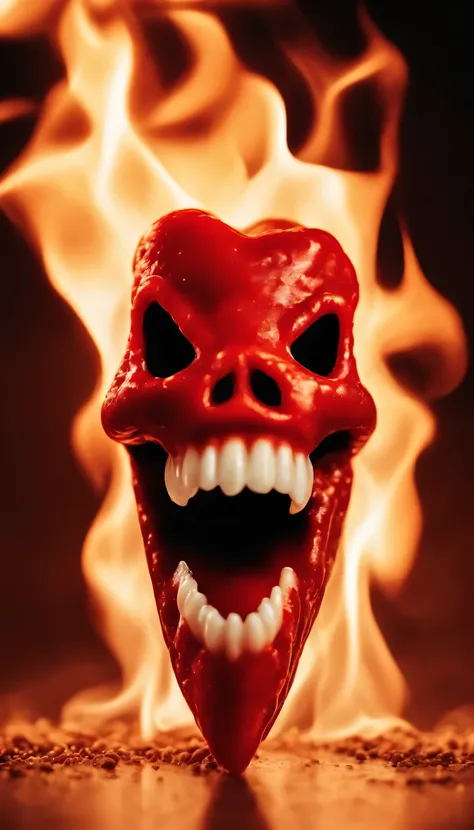 Hot and spicy, red ghost pepper burning in flames