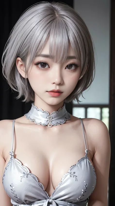 ((high quality)),Tabletop,(Detailed depiction of the site:1.2),1 Japanese girl,(Ample breasts:1.3),Enchanted Valley,Mouth closed,eyelash,Looking at the audience,Portraiture,alone,Upper Body,Gray Hair,White Theme,short hair,Silver Hair,Yoruhano. 2 Type B,