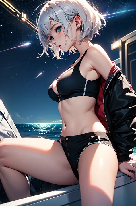 (masterpiece:1.5, Highest quality, Very detailed、 Dutch Angle、Realistic、2.5D、Realistic)(One Girl, Sports Girl)(Silver Hair:1.6,,short hair)(Sports Bra、Jacket:1.5、Shorts、tightedium breasts, Beautiful cleavage,underboob))(from backside),(Beautiful starry sky...