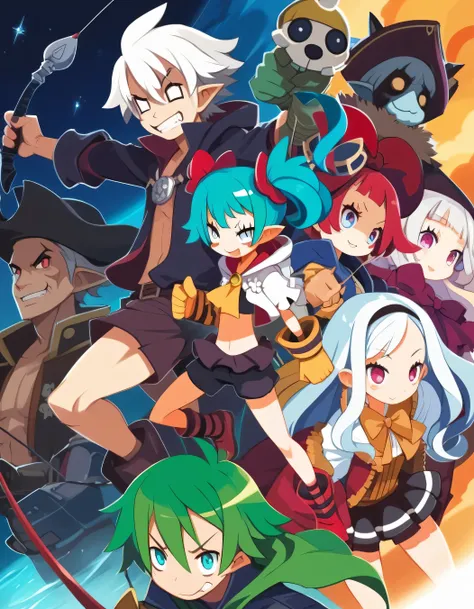 Group photo. ((5 personajes juntos)) (girl dressed in red, shorts and boots, bow and arrow, hood and a mask). (space pirate girl with green hair with black skirt and stockings). (athletic boy with green hair and soccer costume). (demon boy with white hair,...