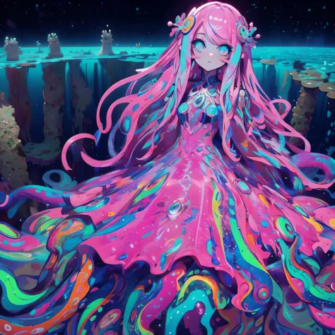 A giant girl floats on the ocean floor. Her skirt is mainly pink, Available in 7 colors of gloss. Her skirt is a psychedelic color. Glossy like an oil film. His eyes sparkled with mystery. Lol invincible. Tentacles. dark. underwater ruins.