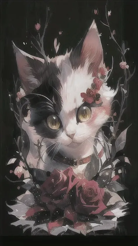 Close-up of a cat，There is a red rose beside me, Animated visual of cute cats, anime cat, Cat design, author：Dom Qwek, realistic anime cat, Lovely and detailed digital art, Lovely artwork, Very beautiful and lovely author：Lambert Doomer, Cute digital art, ...