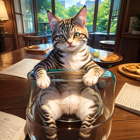 ((masterpiece)),((Highest quality)),((High detail)),((Realistic)),((Super detailed)), Kitten sitting on a table, glass, 