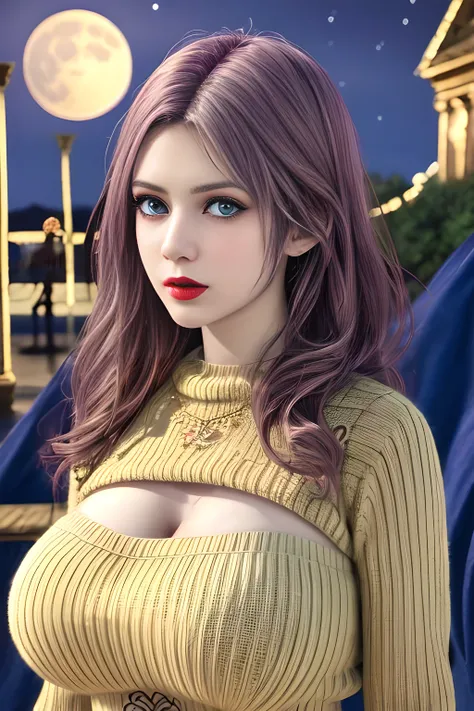 1 girl,Dressed in vibrant rainbow color scheme art; Su embroidery craft; knitted sweater ripped dress,jewely,(Tattooed with:1),during night, full_themoon, As estrelas,Redlip,(huge breasts),(masterpiece:1.5),( Best quality at best:1.4),(Realistic:1.4), deta...