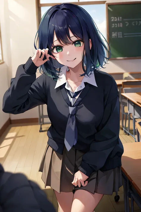 score_9、score_8_up、score_7_up、source anime、akane kurokawa, akane kurokawa、bangs、green eyes、blue hair、medium hair、navy blue hair、...