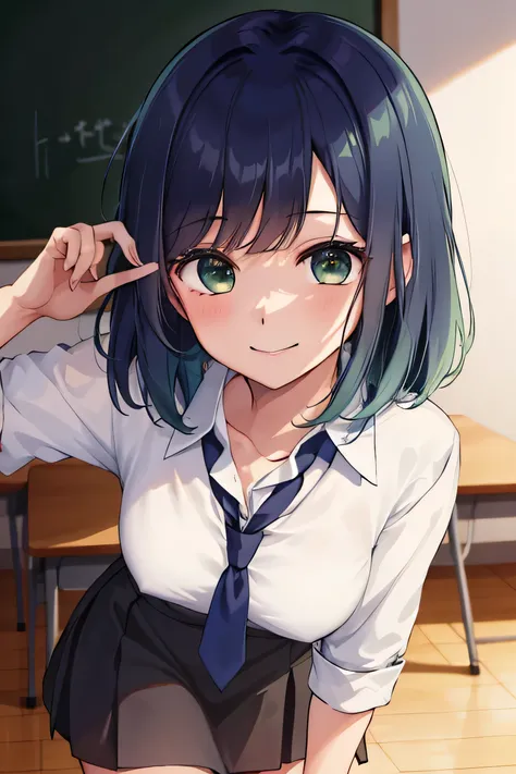 score_9、score_8_up、score_7_up、source anime、akane kurokawa, akane kurokawa、bangs、green eyes、blue hair、medium hair、navy blue hair、...