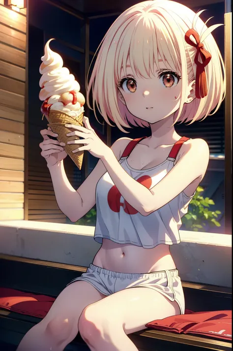  Chisato Nishikigi, short hair, bangs, Blonde, (Red eyes:1.5), Bobcut,smile,Open your mouth,Sweat,Red Tank Top,Red underwear,barefoot,naked,Sitting on the sofa,Eating ice cream with one hand,Daytime,True Summer,whole bodyがイラストに入るように,
break outdoors,room,
b...