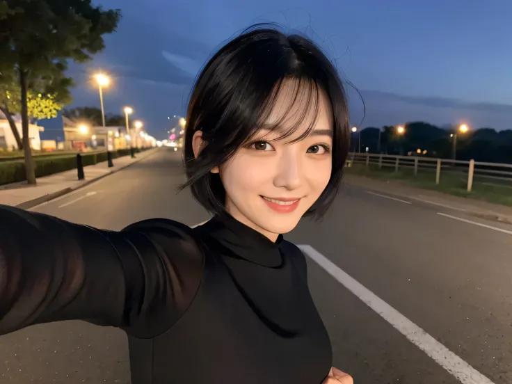 night、36 years old、Beauty、Dripping sweat、dress、Selfie、Light eye makeup、Black hair color、flat 、Hair blowing in the wind、short hair、Long sleeve、smile