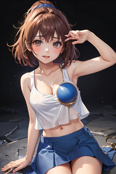 （（（ＳＦＷ、sound、Highest quality、first-clasasterpiece、Normal body、8K、Detailed face、Ultra-precision、Normal hand、Normal finger、５Finger、Highest）））、beautiful girl、Brown Hair、Bobcut、slender、low length、thin feet、arles、Puyo Puyo、Sorcerer、Blue shirt、White tank top、Blu...