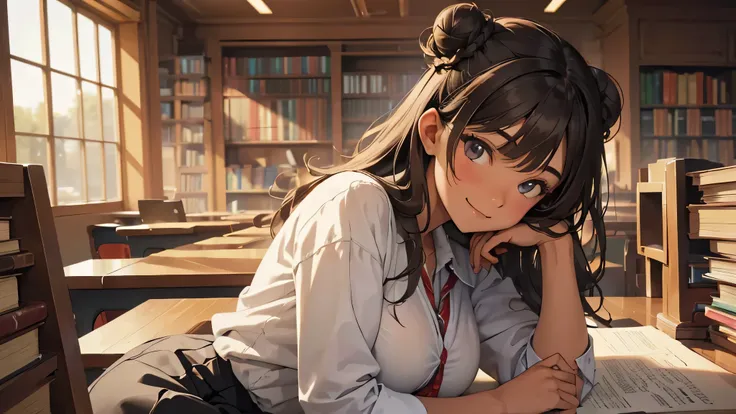 (((Masterpiece, highest quality, high definition, high detail)))), (((modern))), ((Inside college library)), ((standing in library)), (((one girl))), detailed eyes, beautiful face, tomboy, student clothes, girl with dark skin, ((long black hair in a bun)),...