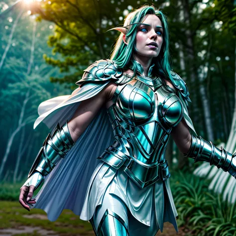 (masterpiece, photorealistic:1.4, extremely intricate:1.3), (photon mapping, radiosity, physically based rendering, ultra resolution, hyper-realistic, 8K), teenage supermodel twin braids, glowing eyes, tyrande, (((((white chrome armor, white cape, pauldron...