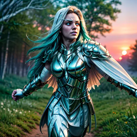 (masterpiece, photorealistic:1.4, extremely intricate:1.3), (photon mapping, radiosity, physically based rendering, ultra resolution, hyper-realistic, 8K), teenage supermodel twin braids, glowing eyes, tyrande, (((((white chrome armor, white cape, pauldron...