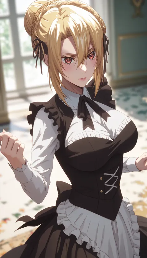 score_9, score_8_up, score_7_up, score_6_up, uncensored, angelica, blonde hair, Crown Braid, hair bun, red eyes, BREAK (masterpiece:1.2), best quality, high resolution,(detailed eyes:1.3), perfect lighting,(perfect hands, perfect anatomy), large breasts, m...