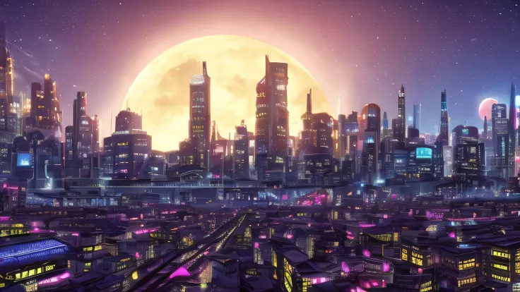 a futuristic punk city with a lot of buildings and neon lights, a train crossing the city with neon lights, the moon is in the sky and there are a lot of stars