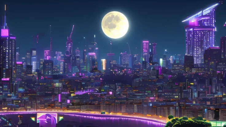a futuristic punk city with a lot of buildings and neon lights, a train crossing the city with neon lights, the moon is in the sky and there are a lot of stars, a river is crossing the city
