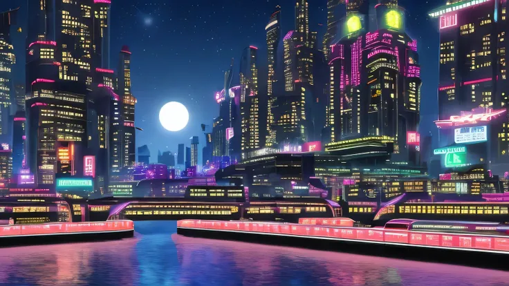 a futuristic punk city with a lot of buildings and neon lights, a train crossing the city with neon lights, the moon is in the sky and there are a lot of stars, a river is crossing the city