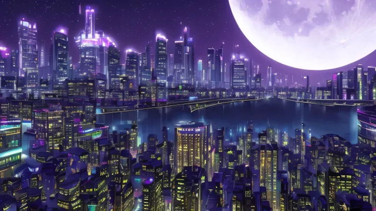 a futuristic punk city with a lot of buildings and neon lights, a train crossing the city with neon lights, the moon is in the sky and there are a lot of stars, a river is crossing the city